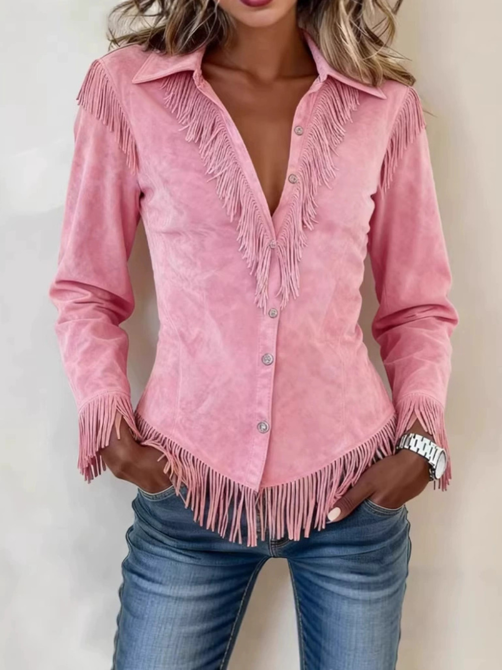 ZARA Women Pink Suede Fringe Jacket Notch Lapel Short Fitted Fall Winter Coat